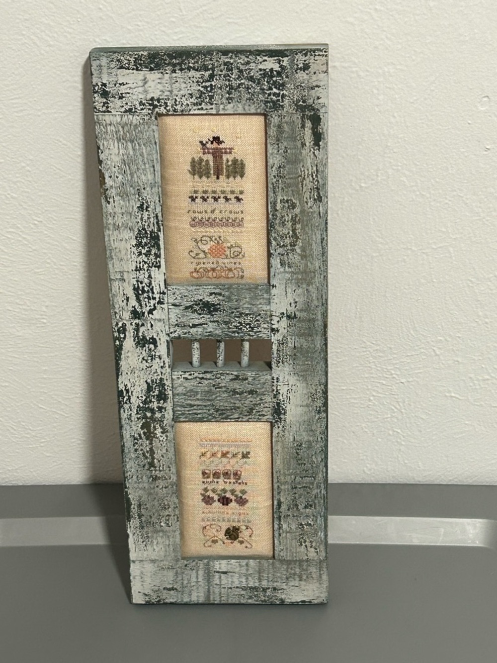 Rustic Distressed Wood Double Frame with Cross-Stitch Panels - Green/White